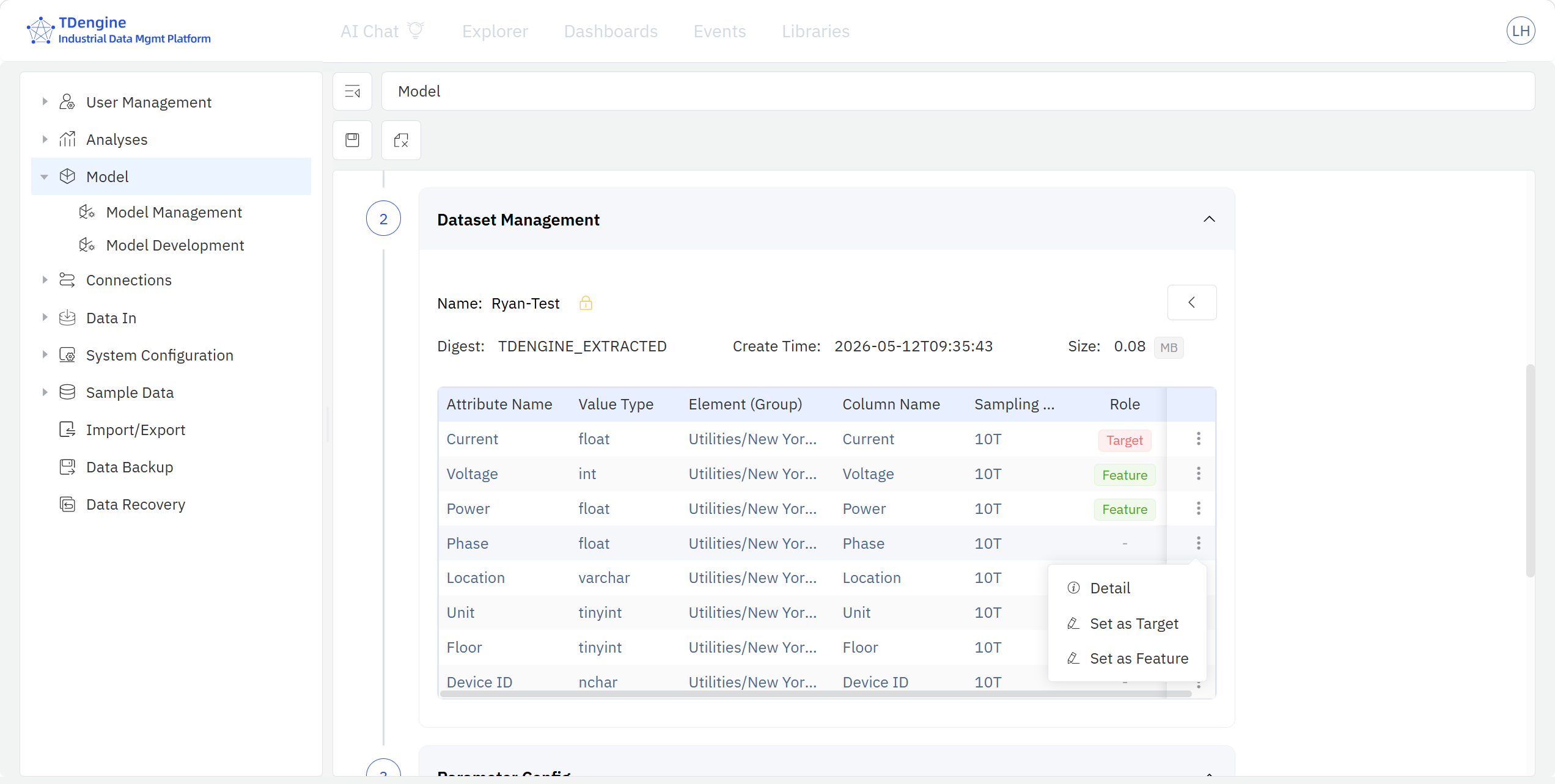 Model edit page – data and variables