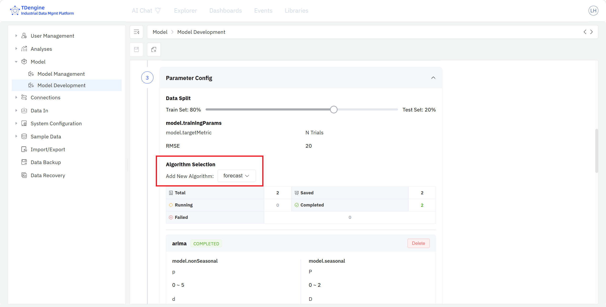 Model edit page – algorithm and parameters