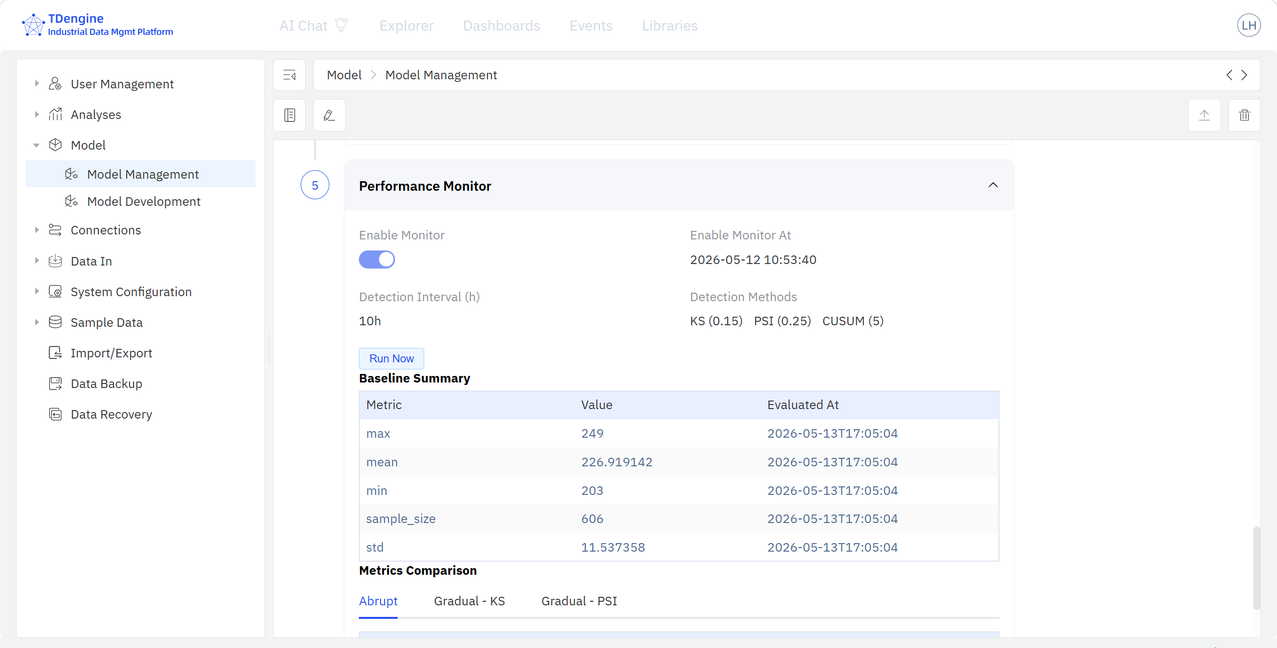 Model monitoring page