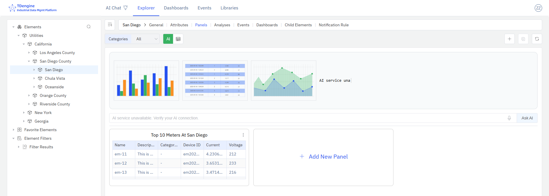 Asset List panel showing elements with attributes and latest values