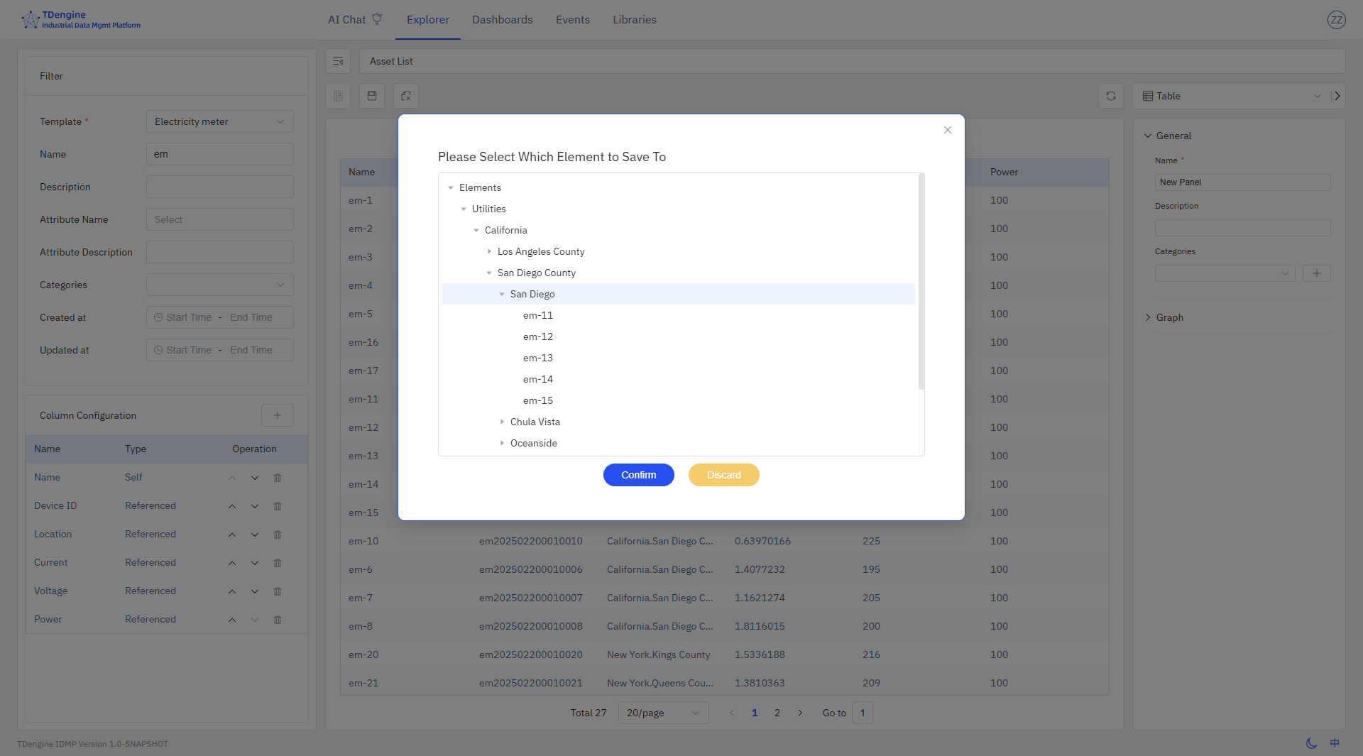 Save Asset List dialog for choosing the target element