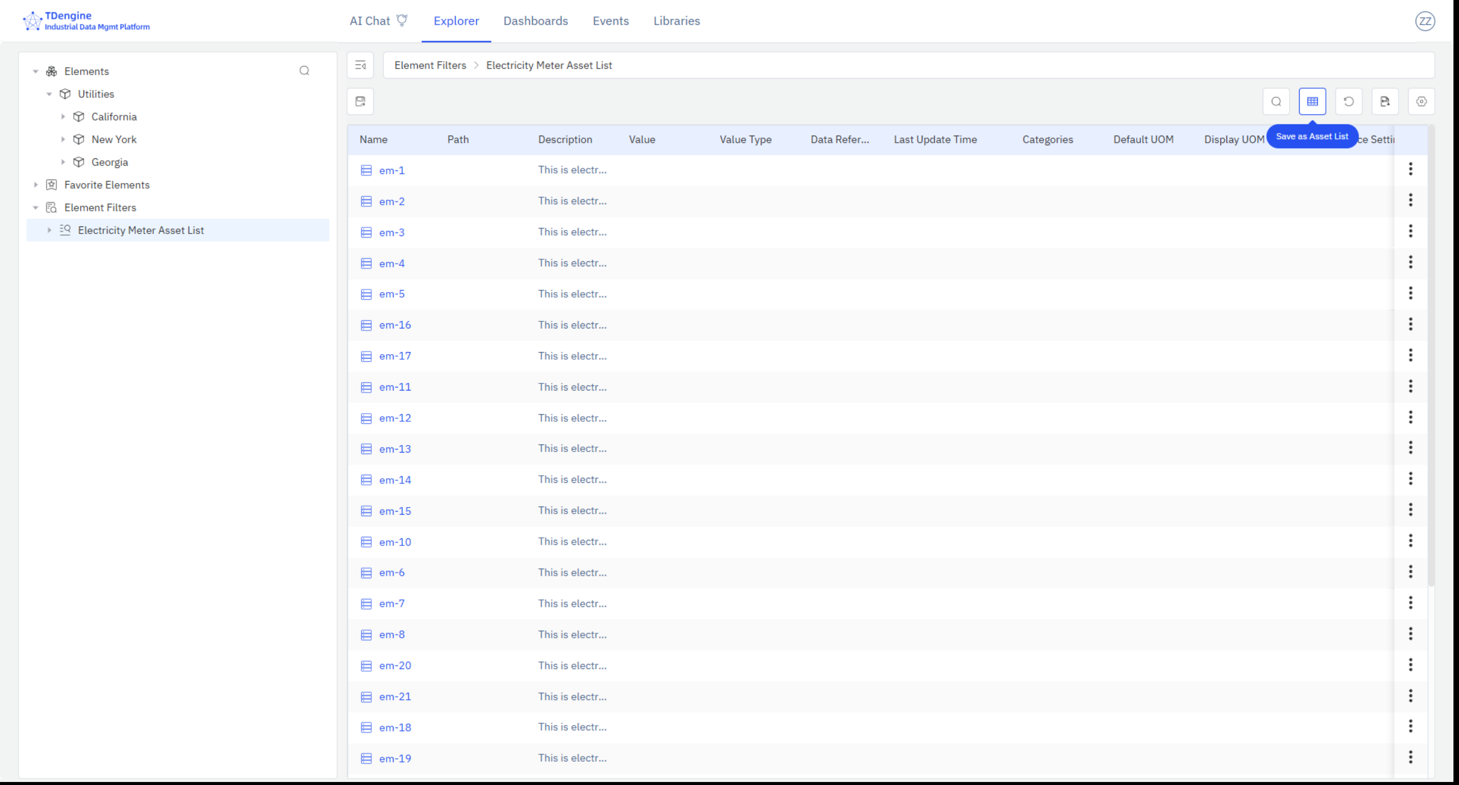 Save as Panel button in the element search toolbar