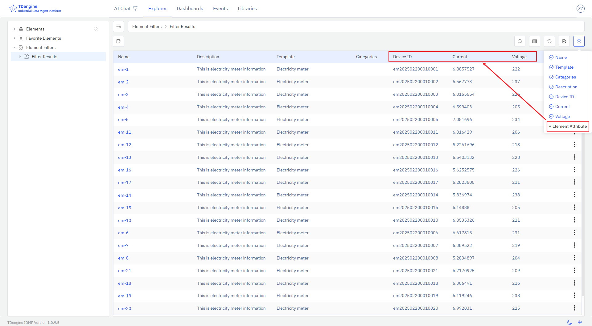 Element search results with column selection before saving