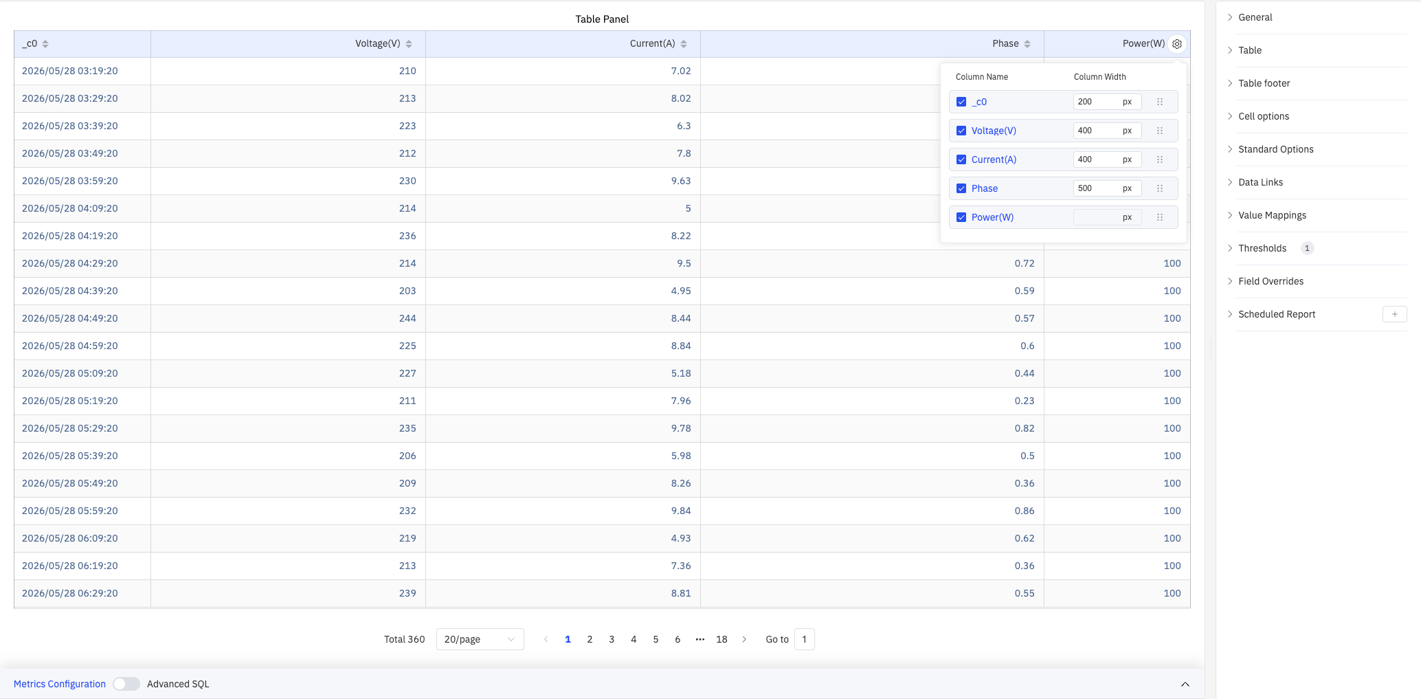 Column management popup
