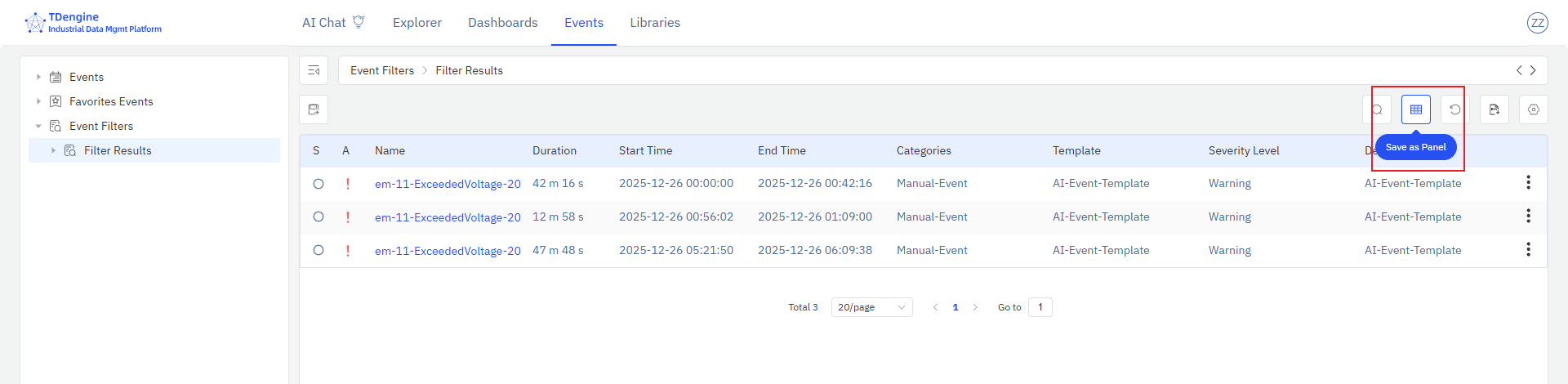 Event List entry point in the Events view