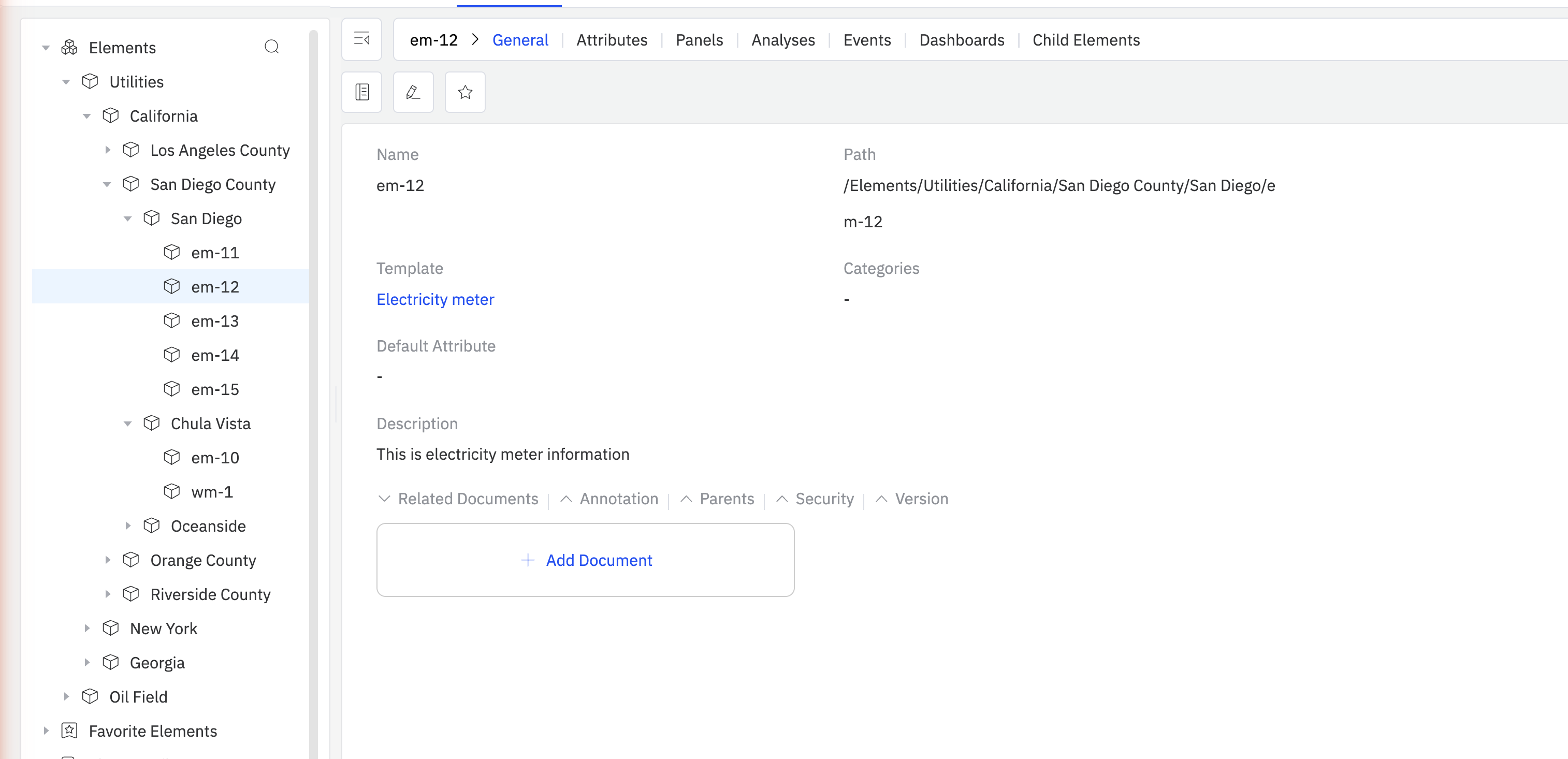 Element asset tree and General tab